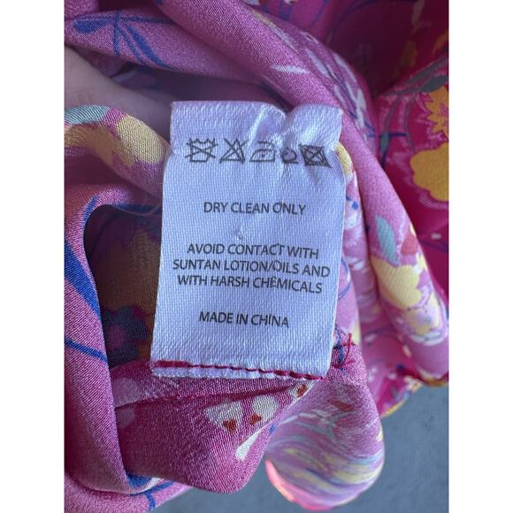 Saloni Lea Silk Pink Floral Button-Front Midi Dress Puff Sleeves US 0 Feminine - Picture 15 of 16